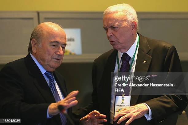 President Joseph S. Blatter talks to Jose Maria Marin, President of the Brazilian Football Confederation prior to the LOC Managment Board Meeting at...