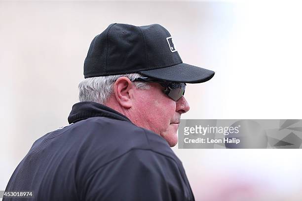 Major League Baseball Umpire Tim Welke looks into the dugout during the game between the Chicago White Sox and the Detroit Tigers at Comerica Park on...