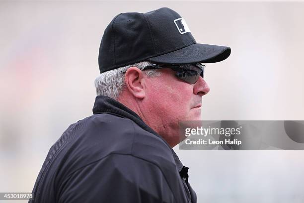 Major League Baseball Umpire Tim Welke looks into the dugout during the game between the Chicago White Sox and the Detroit Tigers at Comerica Park on...