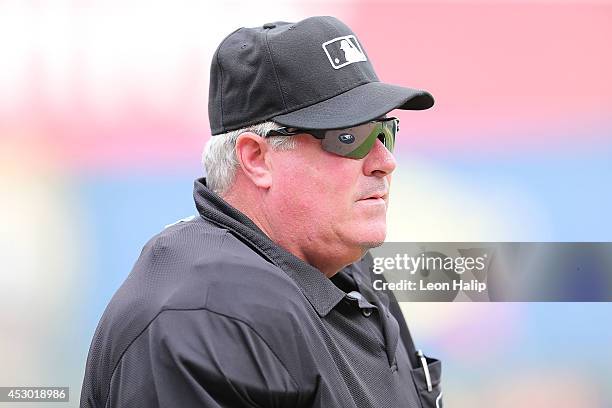 Major League Baseball Umpire Tim Welke looks into the dugout during the game between the Chicago White Sox and the Detroit Tigers at Comerica Park on...