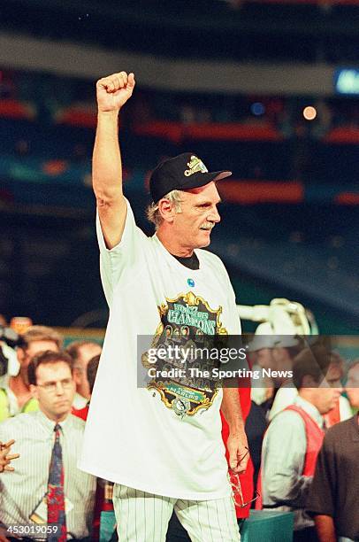 Jim Leyland of the Florida Marlins celebrates following Game Seven of the World Series against the Cleveland Indians at Pro Player Stadium on October...