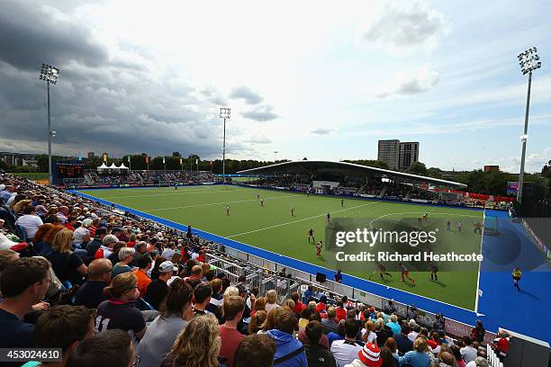 General view of the action during the Women's Hockey Semi Final between New Zealand and England at Glasgow National Hockey Centre during day nine of...