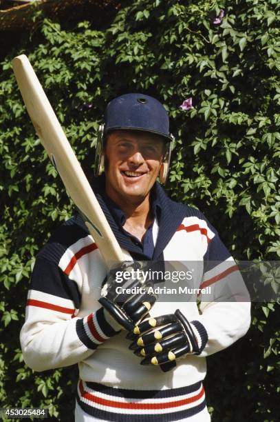 England and Yorkshire batsman Geoff Boycott models England's new One Day International day/night kit which was eventually rejected by the ICC.