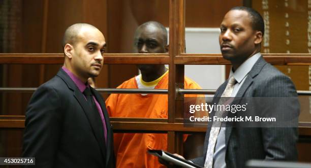 Actor Michael Jace and his attorneys appear in Los Angeles Superior Court on August 1, 2014 in Los Angeles, California. Jace is charged with the May...