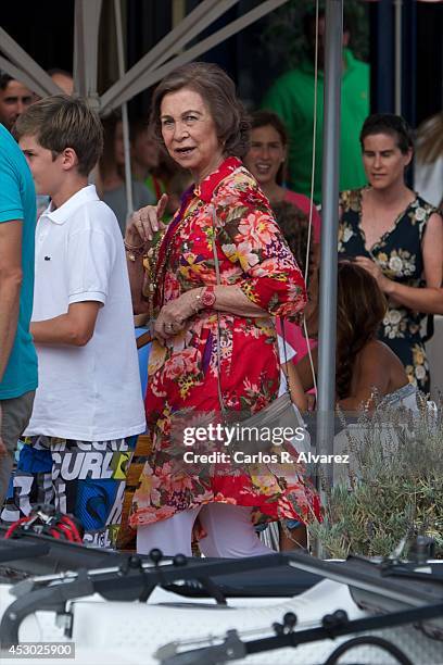 Queen Sofia of Spain arrives at the Calanova Sailing School on August 01, 2014 in Palma de Mallorca, Spain.