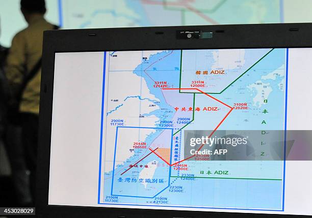 Map of Air Defence Identification Zone in the East China Sea is displayed during a press conference in Taipei on December 2, 2013. Taiwan said its...