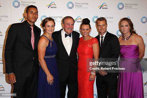 Nick Kyrgios, Ashleigh Barty, John Newcombe, Casey Dellacqua, Lleyton Hewitt and Samantha Stosur arrive prior to the 2013 Newcombe Medal at Crown...