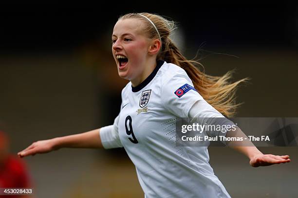 Chloe Kelly of England celebrates her goal during the UEFA Womens U17 Championship Finals match between England U17 and Portugal U17 at the Burton FC...