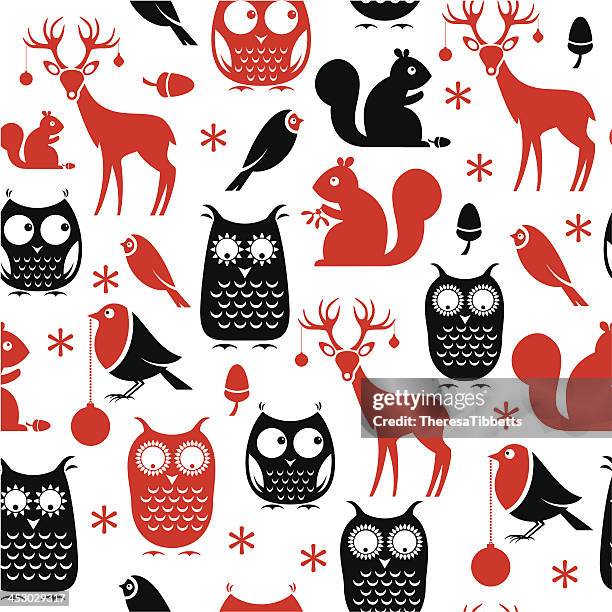 christmas animal repeat pattern - squirrel silhouette stock illustrations
