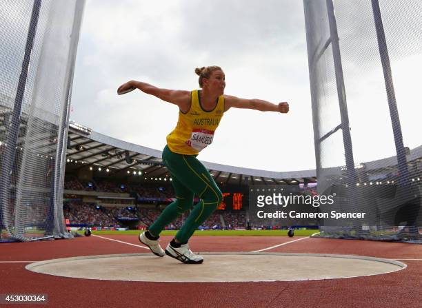 Dani Samuels of Australia competes in the Women's Discus final at Hampden Park during day nine of the Glasgow 2014 Commonwealth Games on August 1,...