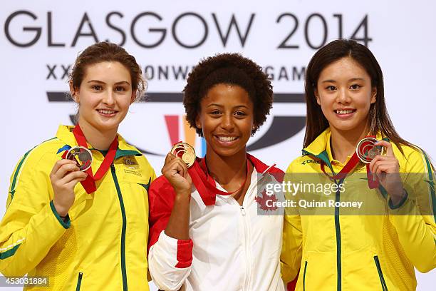 Gold medalist Jennifer Abel of Canada poses with Silver medalist Maddison Keeney of Australia and bronze medalist Esther Qin of Australia during the...