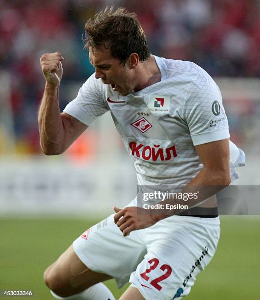 Artem Dzuba of FC Spartak Moscow celebrates after scoring a goal during the Russian Premier League Championship match between FC Rubin Kazan and FC...