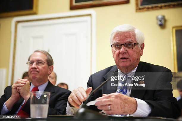 Rep. Hal Rogers speaks as Rep. Bob Goodlatte listens duirng a House Rules Committee meeting August 1, 2014 on Capitol Hill in Washington, DC. The...