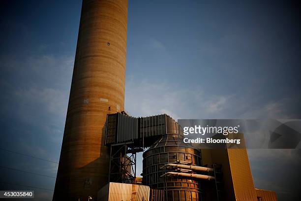 Scrubber unit stands at the bottom of a smoke stack at the American Electric Power Co. Inc. Coal-fired John E. Amos Power Plant in Winfield, West...