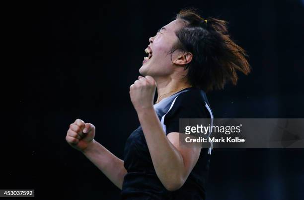 Jing Yi Tee of Malaysia celebrates victory in her women's singles badminton quarter-final match at Emirates Arena during day nine of the Glasgow 2014...