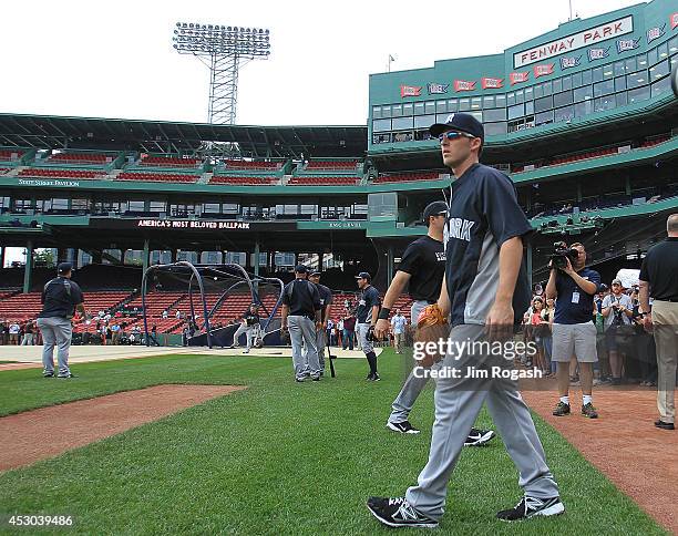 Stephen Drew of the New York Yankees walks onto the field before a game with the Boston Red Sox at Fenway Park on August 1, 2014 in Boston,...