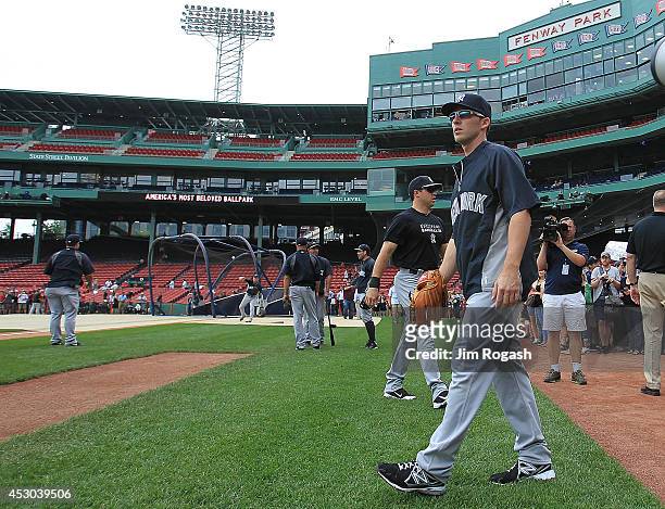 Stephen Drew of the New York Yankees walks onto the field before a game with the Boston Red Sox at Fenway Park on August 1, 2014 in Boston,...