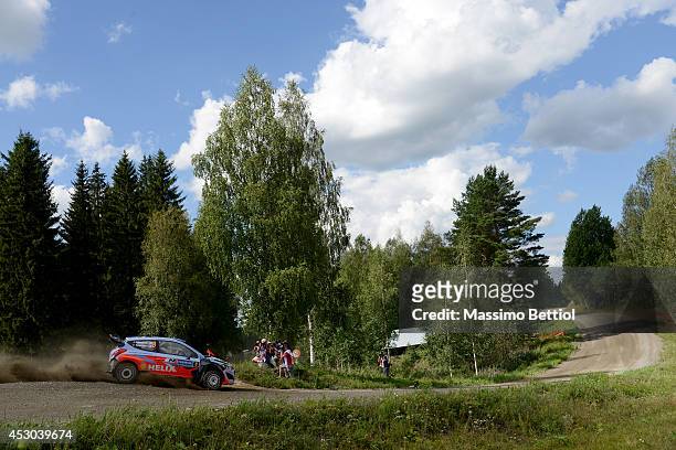 Juho Hanninen of Finland and Tomi Tuominen of Finland compete in their Hyundai Motorsport WRT Hyundai I20 WRC during Day One of the WRC Finland on...