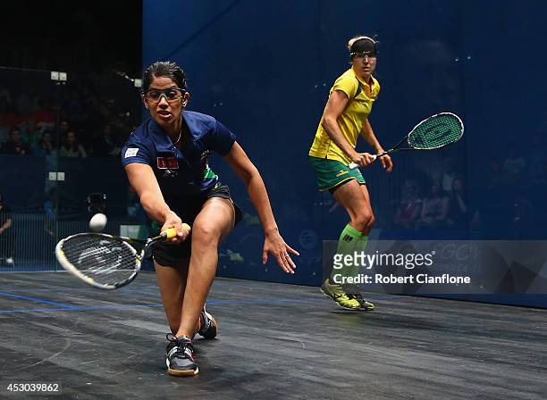 Dipika Pallikal of India plays a shot during the women's doubles semifinal match againsts Rachael Grinham and Kasey Brown of Australia at Scotstoun...