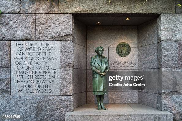 Bronze statue of First Lady Eleanor Roosevelt standing...