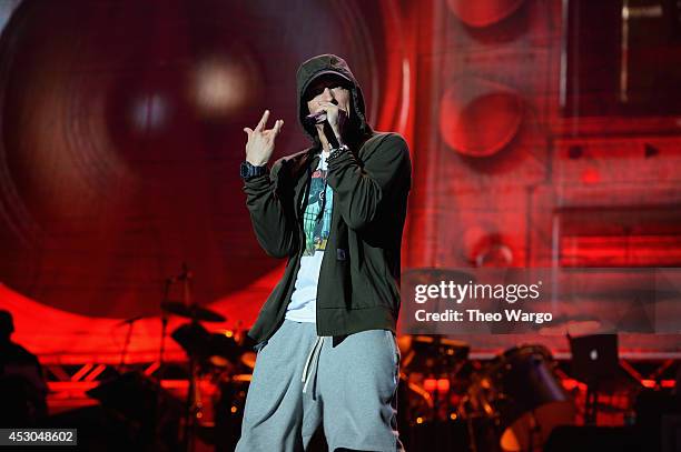 Eminem performs at Samsung Galaxy stage during 2014 Lollapalooza Day One at Grant Park on August 1, 2014 in Chicago, Illinois.