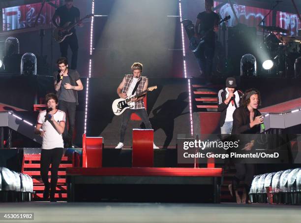 Louis Tomlinson, Zayn Malik, Niall Horan, Liam Payne and Harry Styles of One Direction perform in Concert for the "Where We Are 2014" Tour at Rogers...
