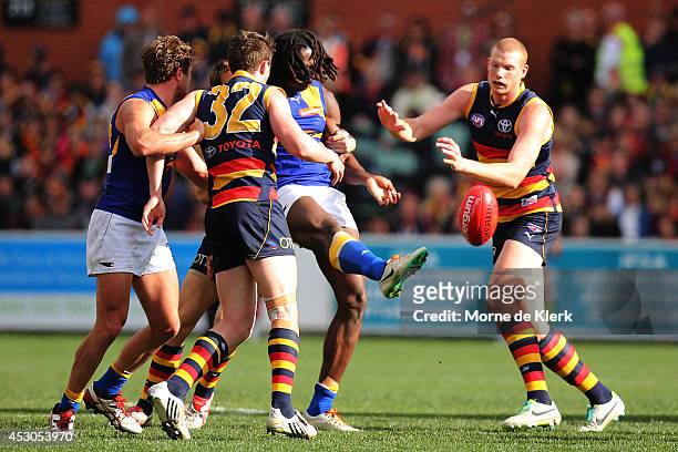 Nic Naitanui of the Eagles wins the ball during the round 19 AFL match between the Adelaide Crows and the West Coast Eagles at Adelaide Oval on...