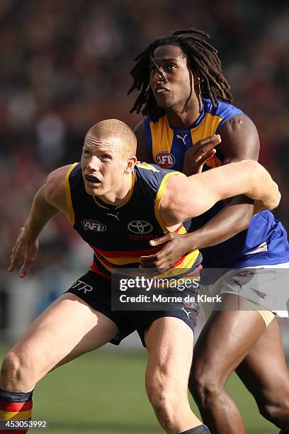 Sam Jacobs of the Crows competes in the ruck with Nic Naitanui of the Eagles during the round 19 AFL match between the Adelaide Crows and the West...