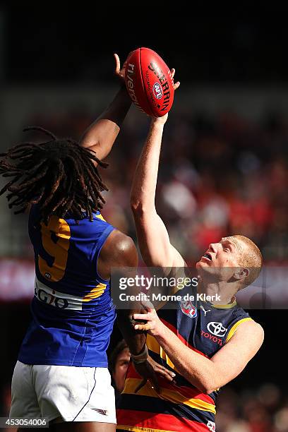 Sam Jacobs of the Crows competes in the ruck with Nic Naitanui of the Eagles during the round 19 AFL match between the Adelaide Crows and the West...