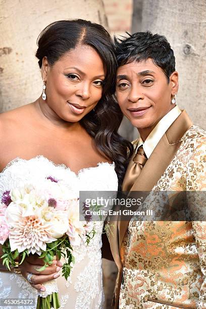 Female Referee Violet Palmer and Celebrity Hair Stylist Tanya Stein tie the knot at the romantic Carondelet House on August 1, 2014 in Los Angeles,...