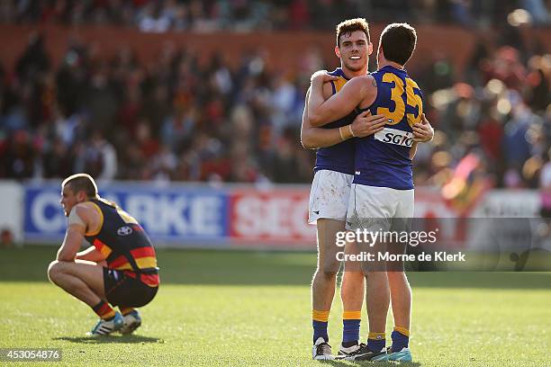 Luke Shuey and Patrick McGinnity of the Eagles celebrate after the round 19 AFL match between the Adelaide Crows and the West Coast Eagles at...