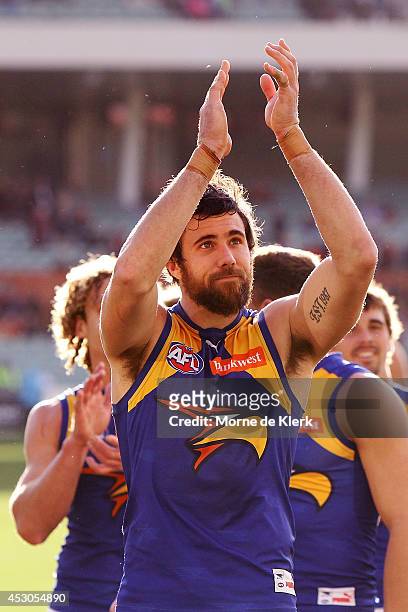 Josh Kennedy of the Eagles leaves the field after the round 19 AFL match between the Adelaide Crows and the West Coast Eagles at Adelaide Oval on...