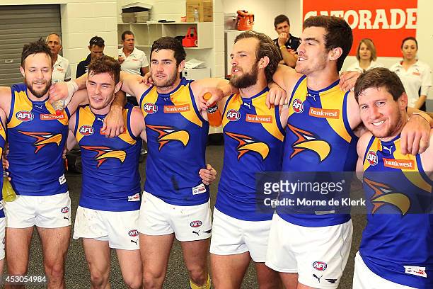 Eagles players celebrate after the round 19 AFL match between the Adelaide Crows and the West Coast Eagles at Adelaide Oval on August 2, 2014 in...