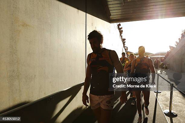 Eagles players leave the field after the round 19 AFL match between the Adelaide Crows and the West Coast Eagles at Adelaide Oval on August 2, 2014...