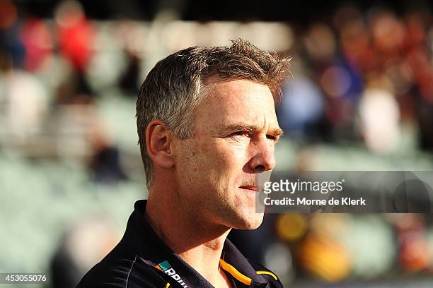 Adam Simpson of the Eagles looks on after the round 19 AFL match between the Adelaide Crows and the West Coast Eagles at Adelaide Oval on August 2,...
