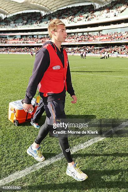 Daniel Talia of the Crows leaves the field after the round 19 AFL match between the Adelaide Crows and the West Coast Eagles at Adelaide Oval on...