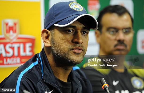 Captain MS Dhoni and team manager Chetan Desai during the Indian National cricket team arrival press conference at Sandton Sun Hotel on December 02,...