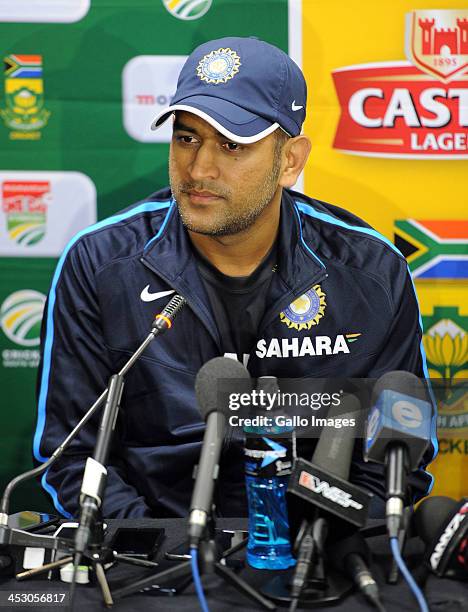 Indian cricket team captain MS Dhoni during the Indian National cricket team arrival press conference at Sandton Sun Hotel on December 02, 2013 in...