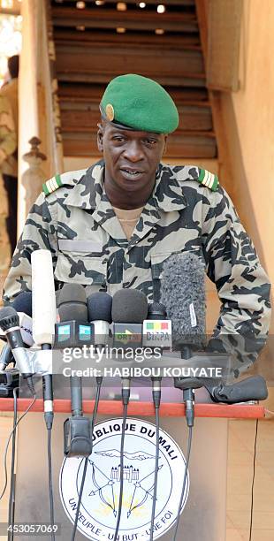 Malian junta leader Amadou Sanogo speaks in Kati near Bamako on March 30, 2012. Mali's embattled coup leader Captain Amadou Sanogo on Friday asked...