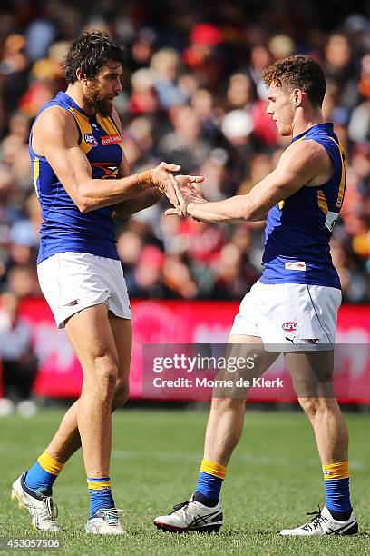 Josh Kennedy and Luke Shuey of the Eagles celebrates a goal by Kennedy during the round 19 AFL match between the Adelaide Crows and the West Coast...