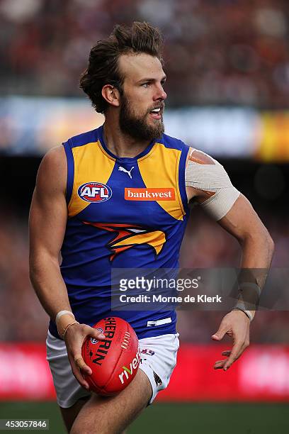 Will Schofield of the Eagles runs with the ball during the round 19 AFL match between the Adelaide Crows and the West Coast Eagles at Adelaide Oval...