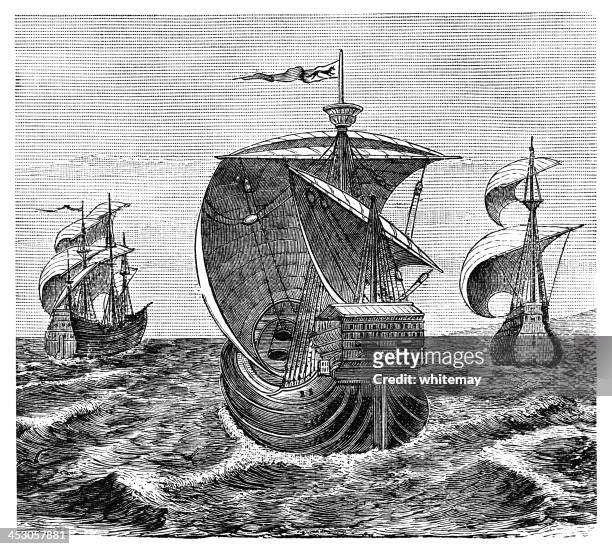 nina, pinta and santa maria - christopher columbus' ships - cristobal colon stock illustrations