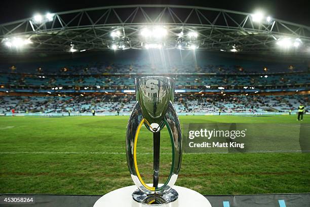 The Super Rugby trophy sits on display during the Super Rugby Grand Final match between the Waratahs and the Crusaders at ANZ Stadium on August 2,...