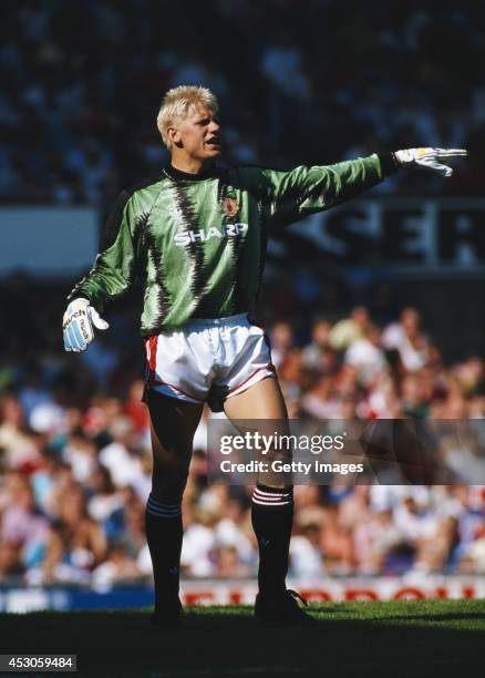 Manchester United goalkeeper Peter Schmeichel in action during a League Division One match between Manchester United and Leeds United at Old Trafford...