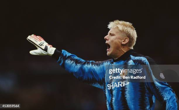 Manchester United goalkeeper Peter Schmeichel in action during a League Division One match between Manchester United and Liverpool at Old Trafford on...