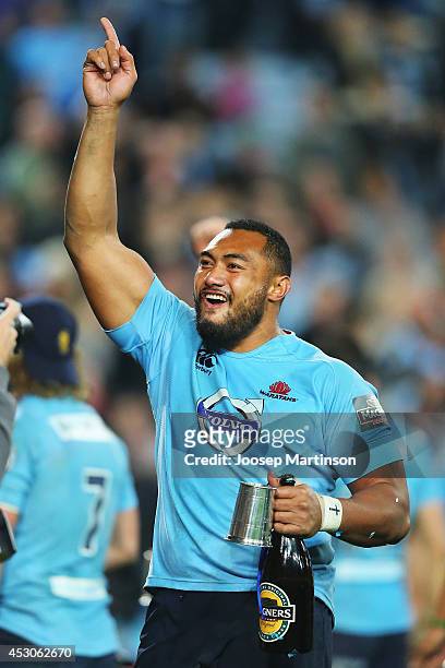 Sekope Kepu of the Waratahs celebrates winning the Super Rugby Grand Final match between the Waratahs and the Crusaders at ANZ Stadium on August 2,...