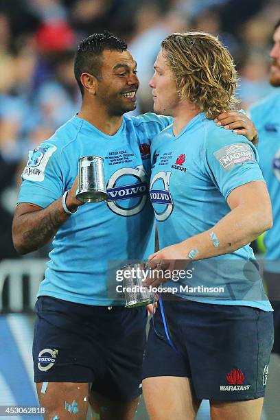 Kurtley Beale and Michael Hooper of the Waratahs celebrate winning the Super Rugby Grand Final match between the Waratahs and the Crusaders at ANZ...