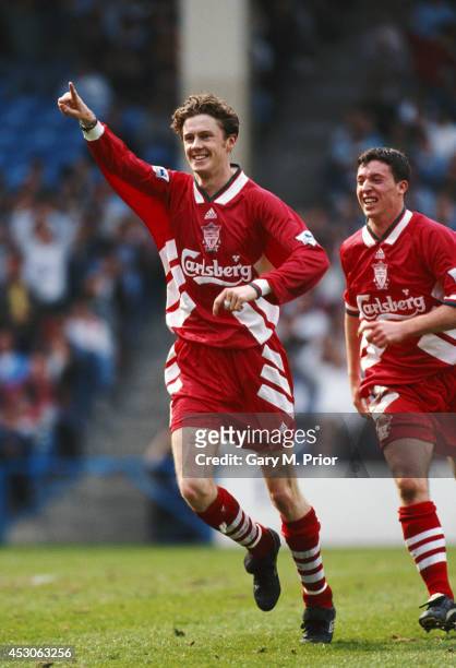 Liverpool player Steve McManaman and Robbie Fowler celebrate a goal during a Premier League match between Manchester City and Liverpool at Maine Road...