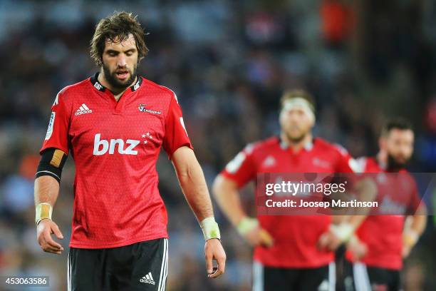 Samuel Whitelock of the Crusaders looks dejected during the Super Rugby Grand Final match between the Waratahs and the Crusaders at ANZ Stadium on...