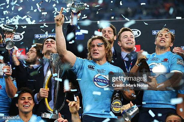 Michael Hooper of the Waratahs celebrates with team mates during the Super Rugby Grand Final match between the Waratahs and the Crusaders at ANZ...